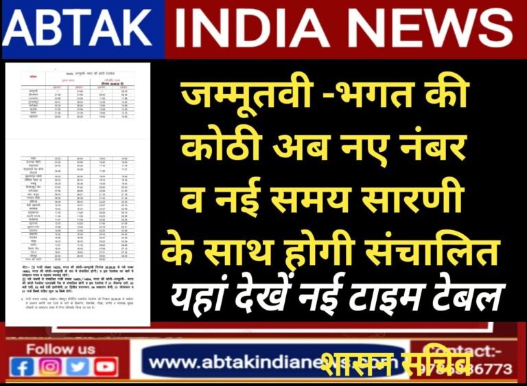 जम्मूतवी-भगत की कोठी-जम्मूतवी रेलसेवा अब नये नम्बर व समय सारणी से संचालित होगी